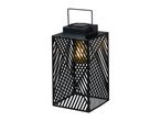 Black metal solar lantern with geometric pattern for outdoor use.