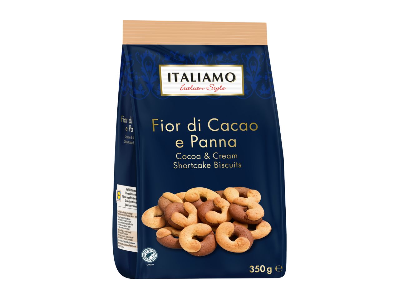 A bag of cocoa and cream shortcake biscuits, 350g, with an Italian style design.