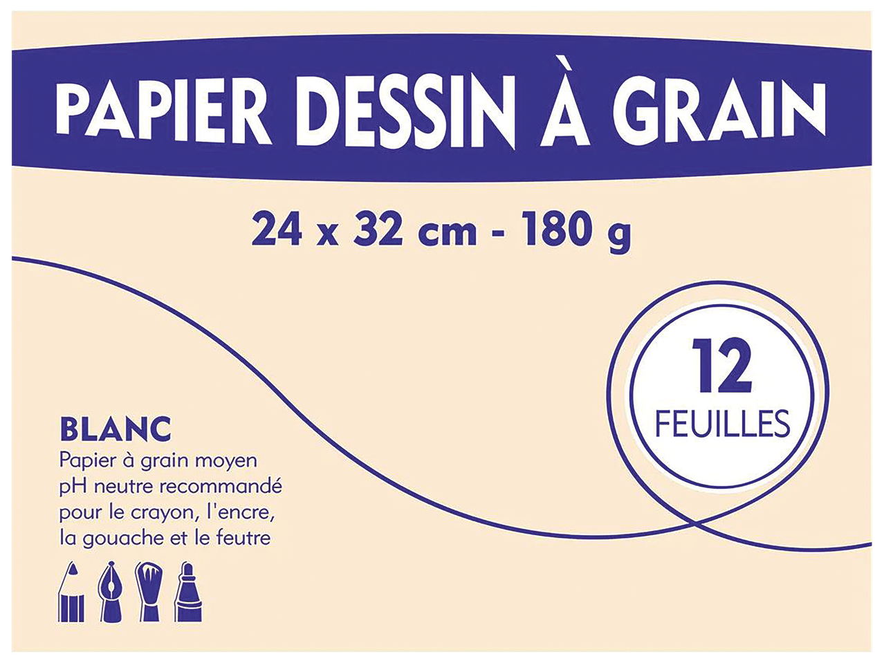 Papier dessin à grain, 24x32 cm, 180g, 12 feuilles blanches, pH neutre, pour crayon, encre, gouache et feutre.