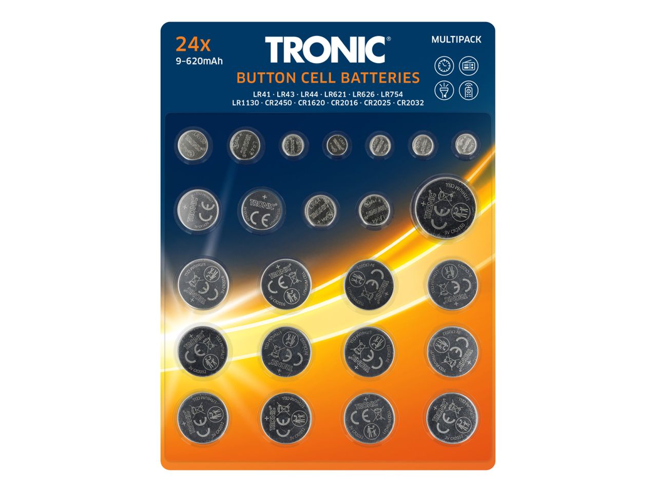 Paket gumbnih baterij Tronic, ki prikazuje različne velikosti in specifikacije.