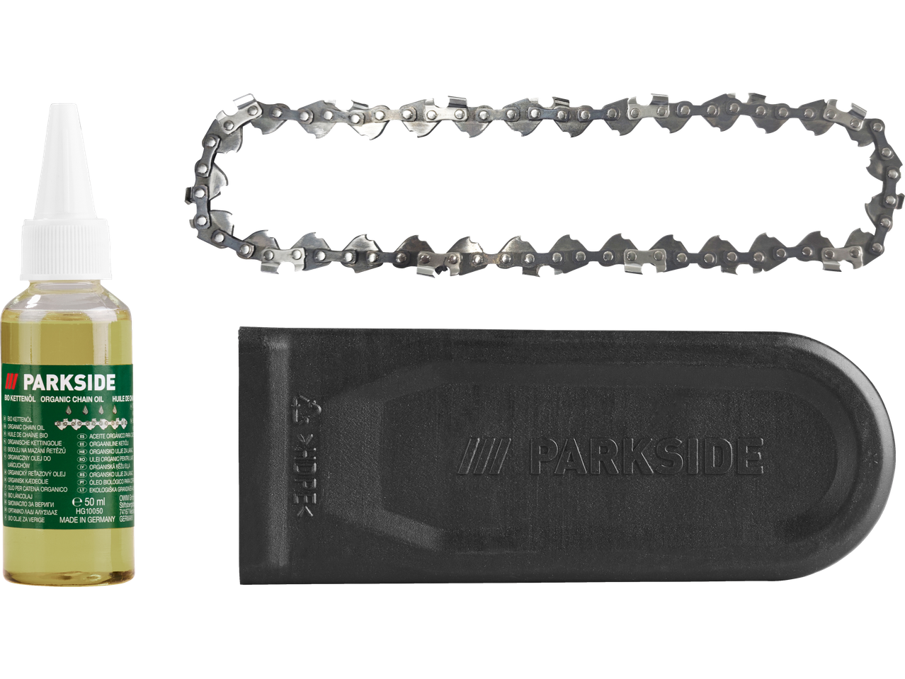 Αλυσίδα, λάδι και προστατευτικό PARKSIDE για αλυσοπρίονο μπαταρίας.