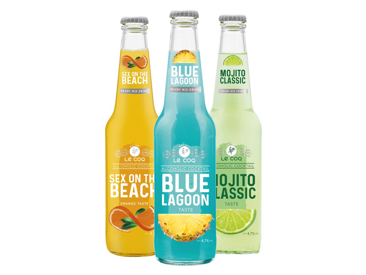 Tři lahve připravených koktejlů: Blue Beach, Blue Lagoon a Rio Breeze.