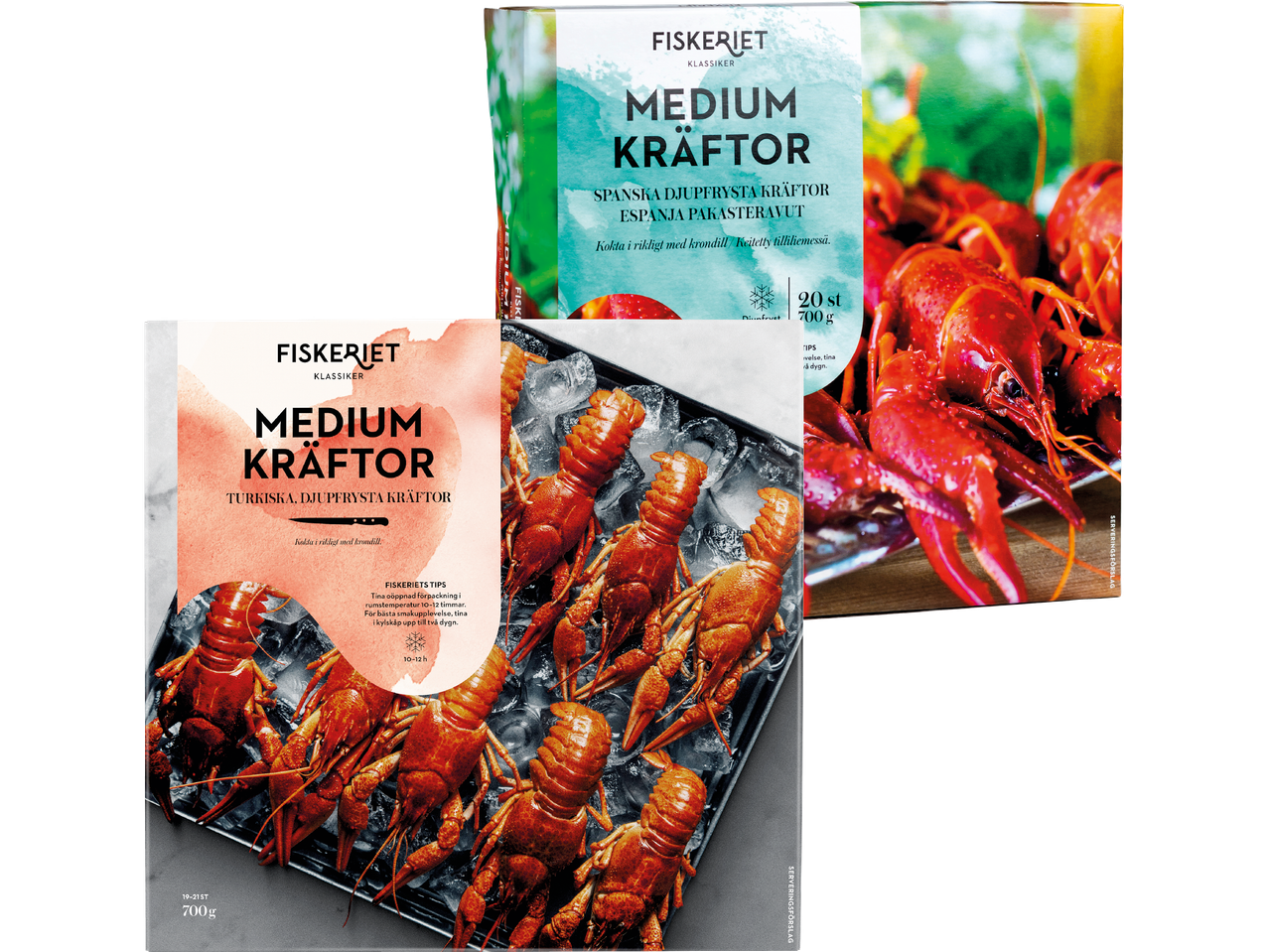 Två förpackningar med djupfrysta kräftor från Fiskeriet, en spansk och en turkisk variant.