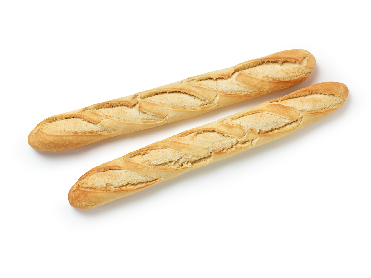 Deux baguettes françaises dorées sur un fond blanc