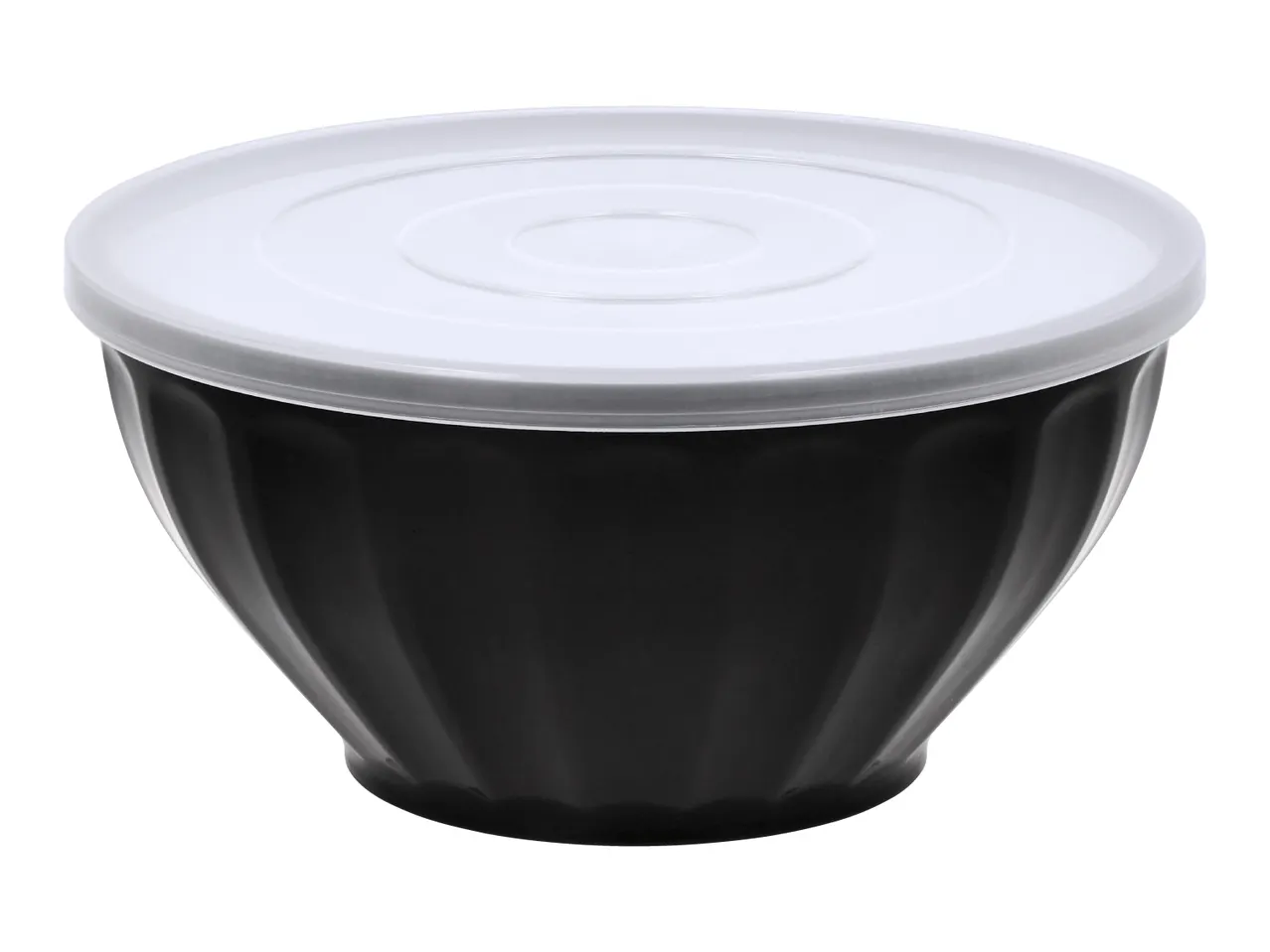 Black mixing bowl with a white lid, isolated on a white background.