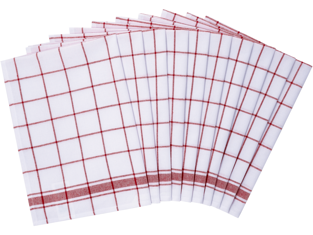 Panos de cozinha W5 em fundo branco, dispostos em leque, com xadrez vermelho