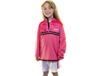 Smiling girl in a pink Kids' Training Jersey with black stripes and white shorts.