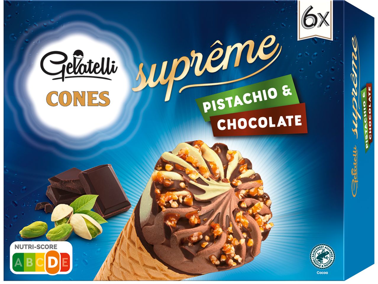 Кутия сладоледени фунийки Gelatelli Suprême с шамфъстък и шоколад, 6 броя.