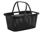 Black plastic shopping basket with handles and perforated sides.