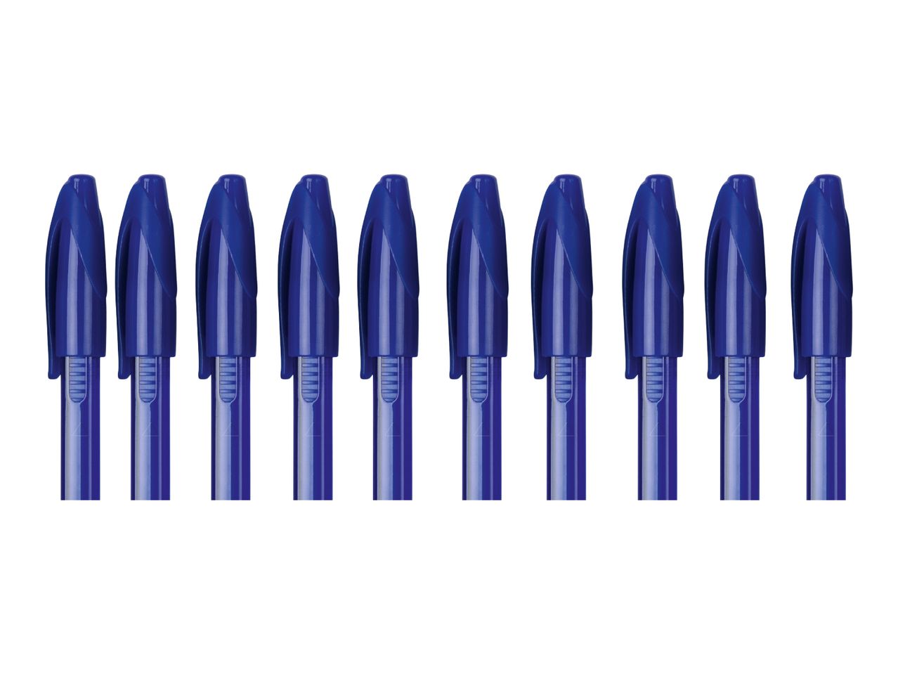 Ten blue ballpoint pens arranged in a row.