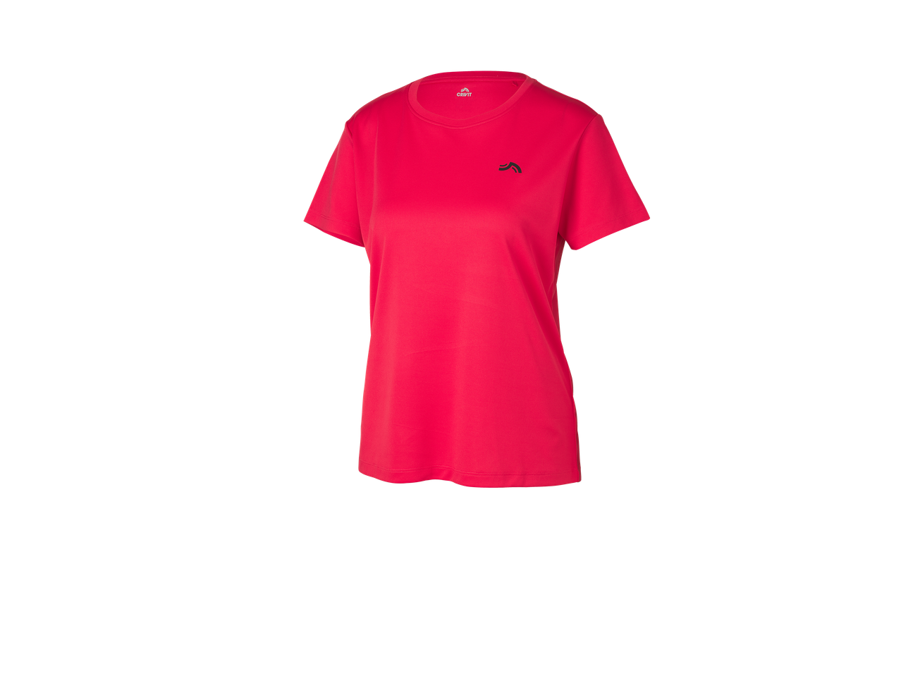 T-shirt de sport rose vif pour femme avec un petit logo noir sur la poitrine.