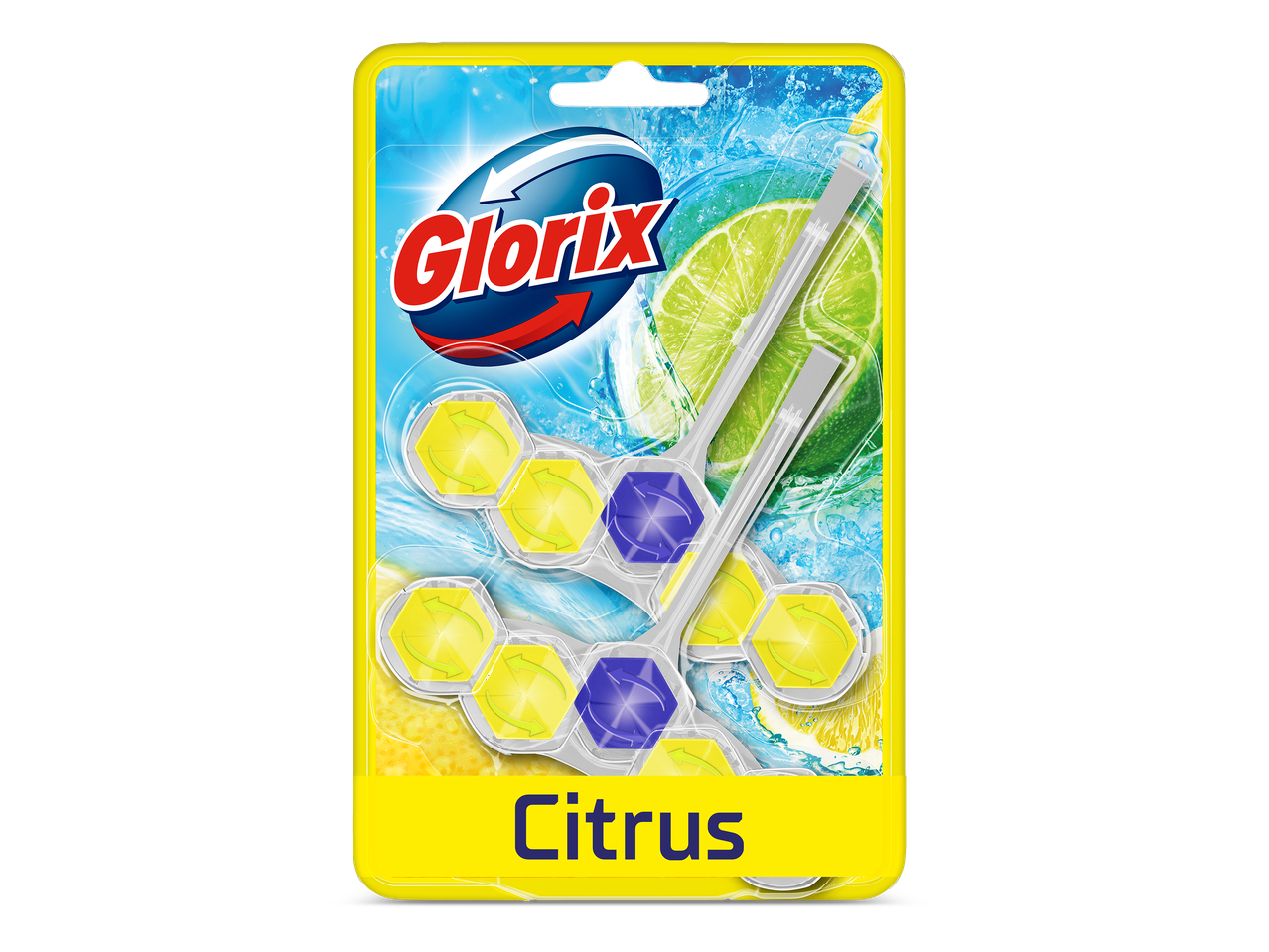 Verpakking met toiletblokjes in de geuren citroen en limoen, met de tekst 'Citrus'.