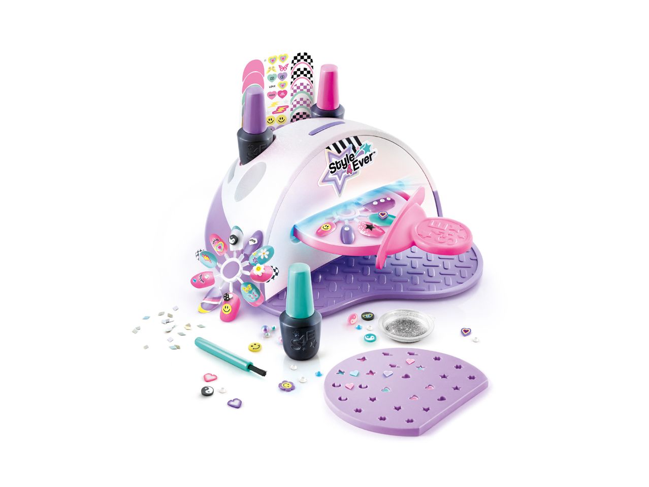 A Style 4 Ever nail art kit with polishes, decals, and accessories.