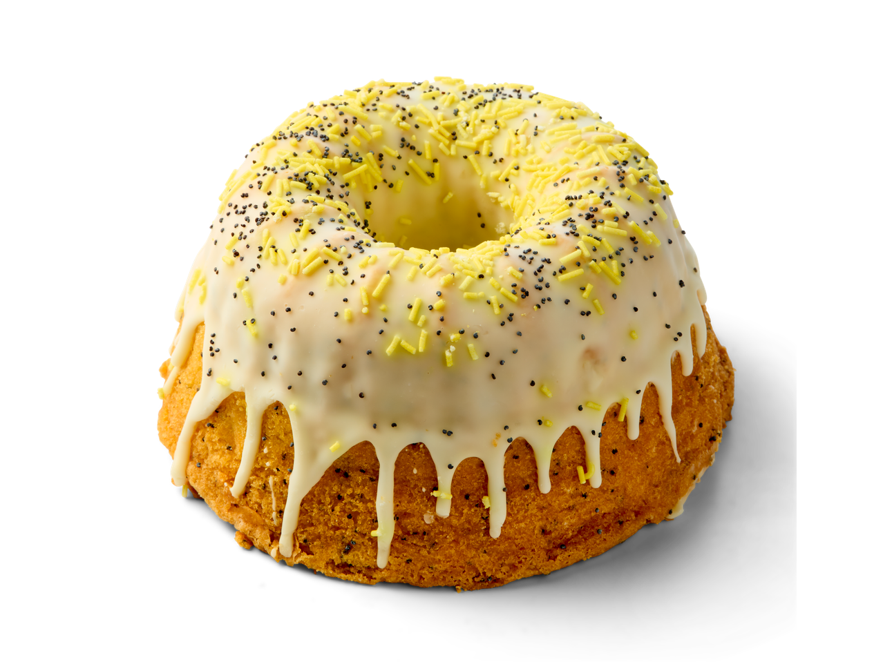 Deluxe Luxe tulband met witte glazuur, gele hagelslag en maanzaad op een zwarte achtergrond.