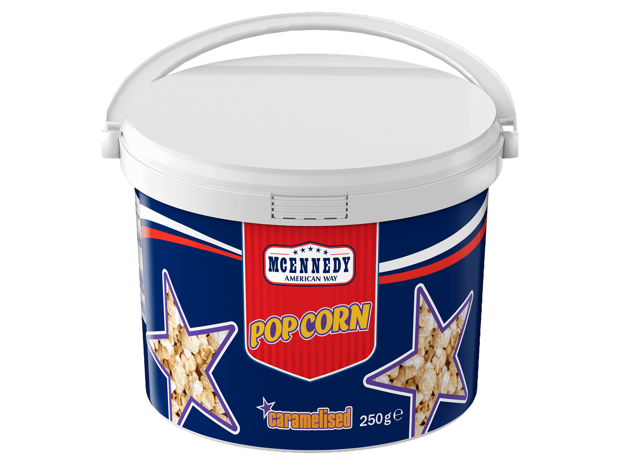 Karamellás popcorn vödörben, 250 g-os kiszerelésben.