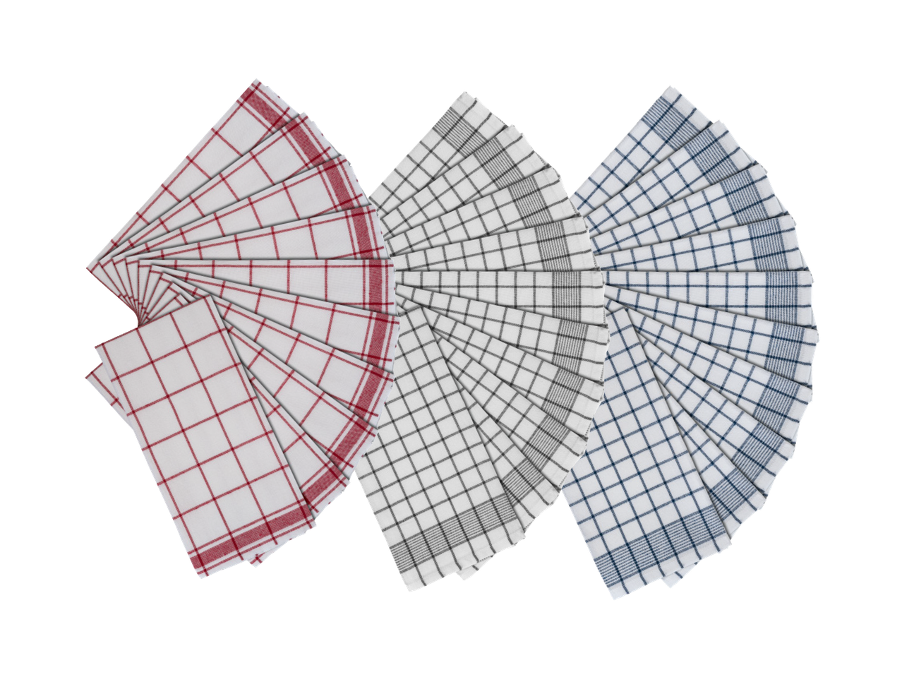 Set kuhinjskih krpa s kariranim uzorkom u crvenoj, sivoj i plavoj boji.