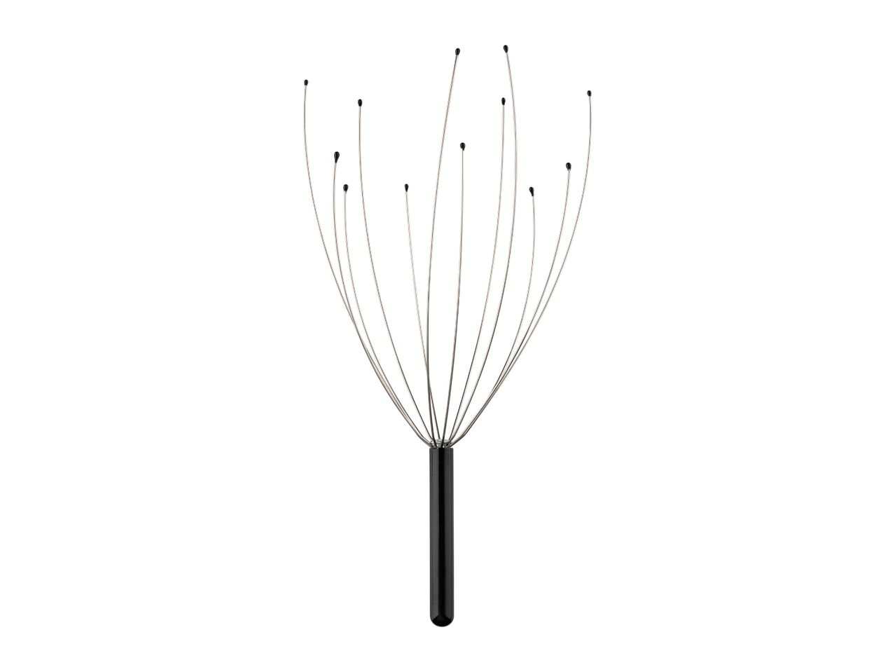 Head massager with a black handle and metal wires tipped with black beads