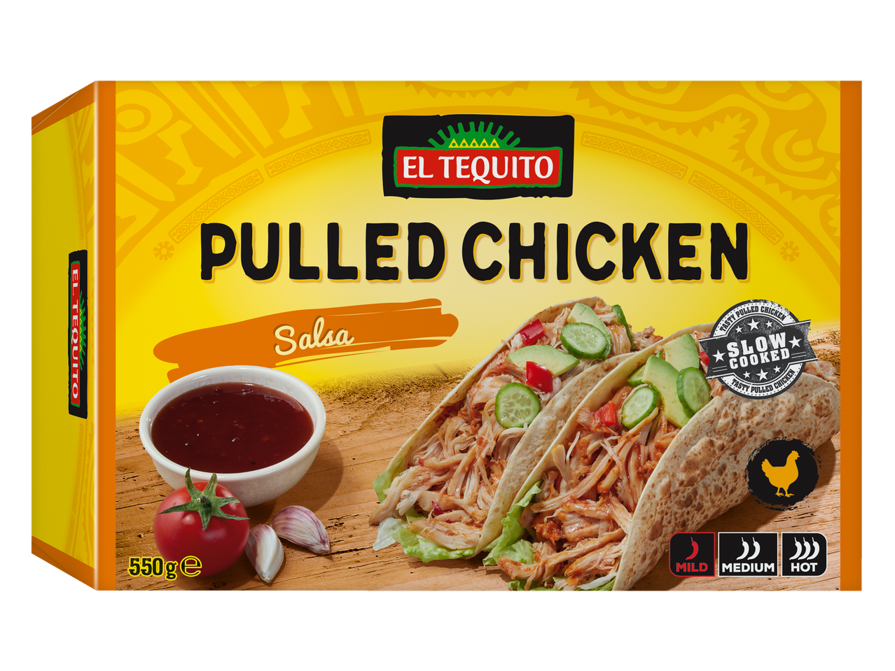 El Tequito: Pulled chicken, salsa en tacos.