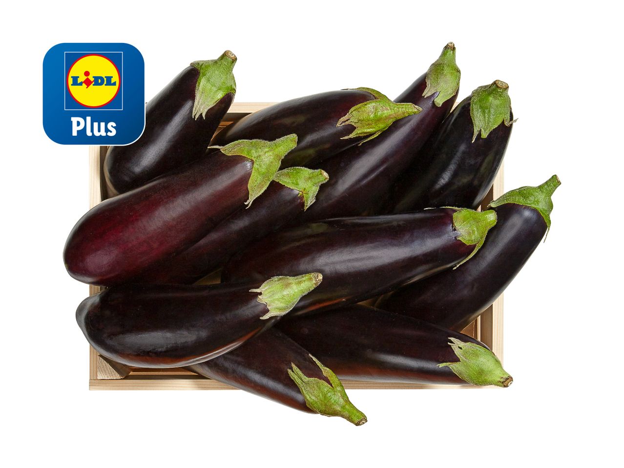 Lidl Plus: Frische Auberginen in Holzkiste.