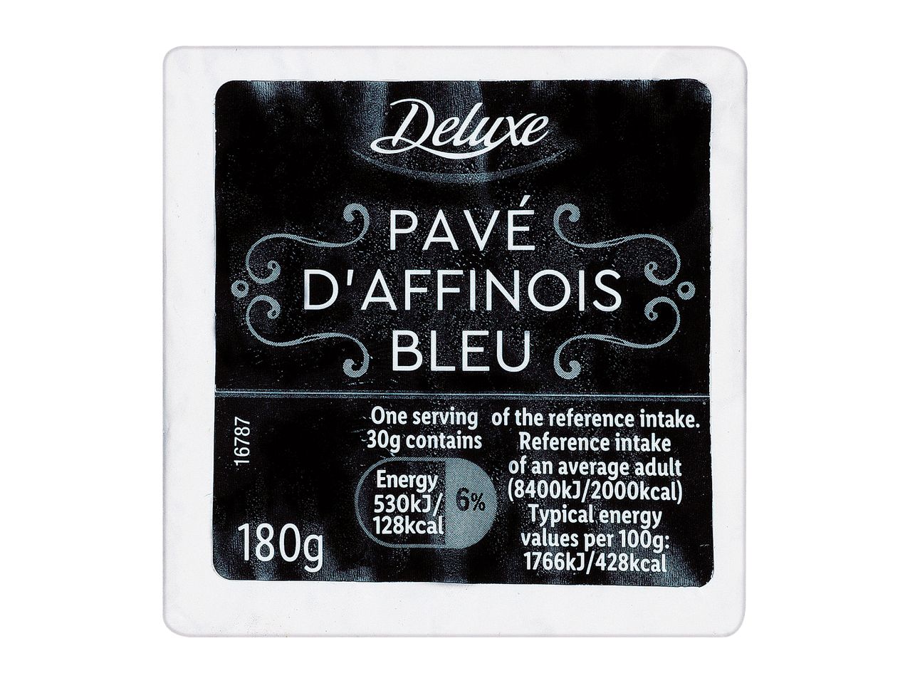 A package of Deluxe Pavé D'Affinois Bleu cheese, 180g, with nutritional information.