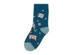 Teal sock with a basketball theme, featuring a dinosaur, basketball hoop, and stars.