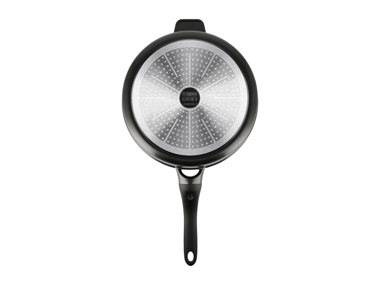 Bottom view of a black frying pan with a silver-colored, textured base and a black handle.