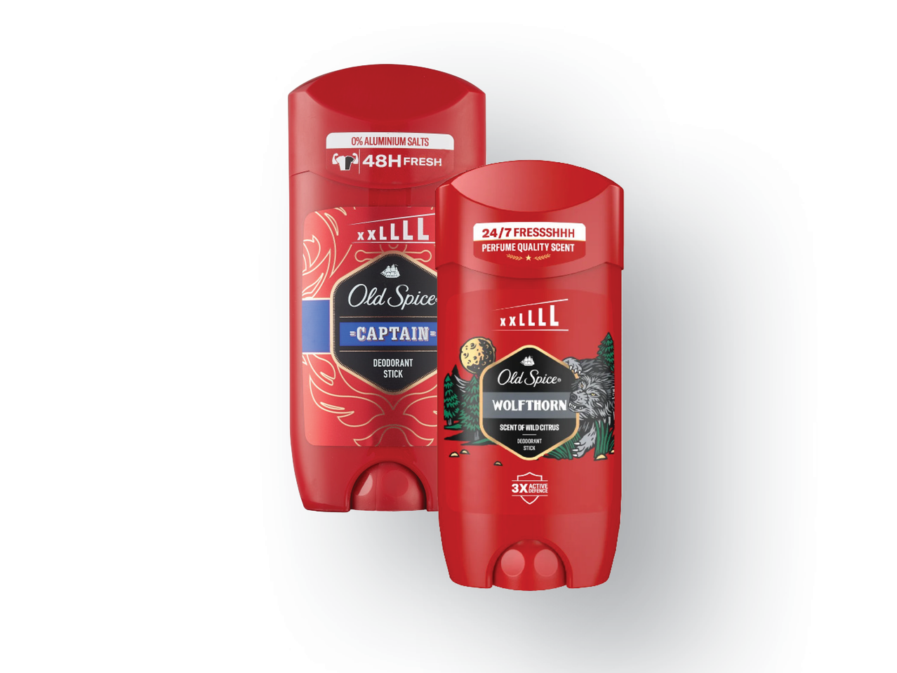 Dvi 'Old Spice' dezodoranto lazdelės: 'Captain' ir 'Timber'.