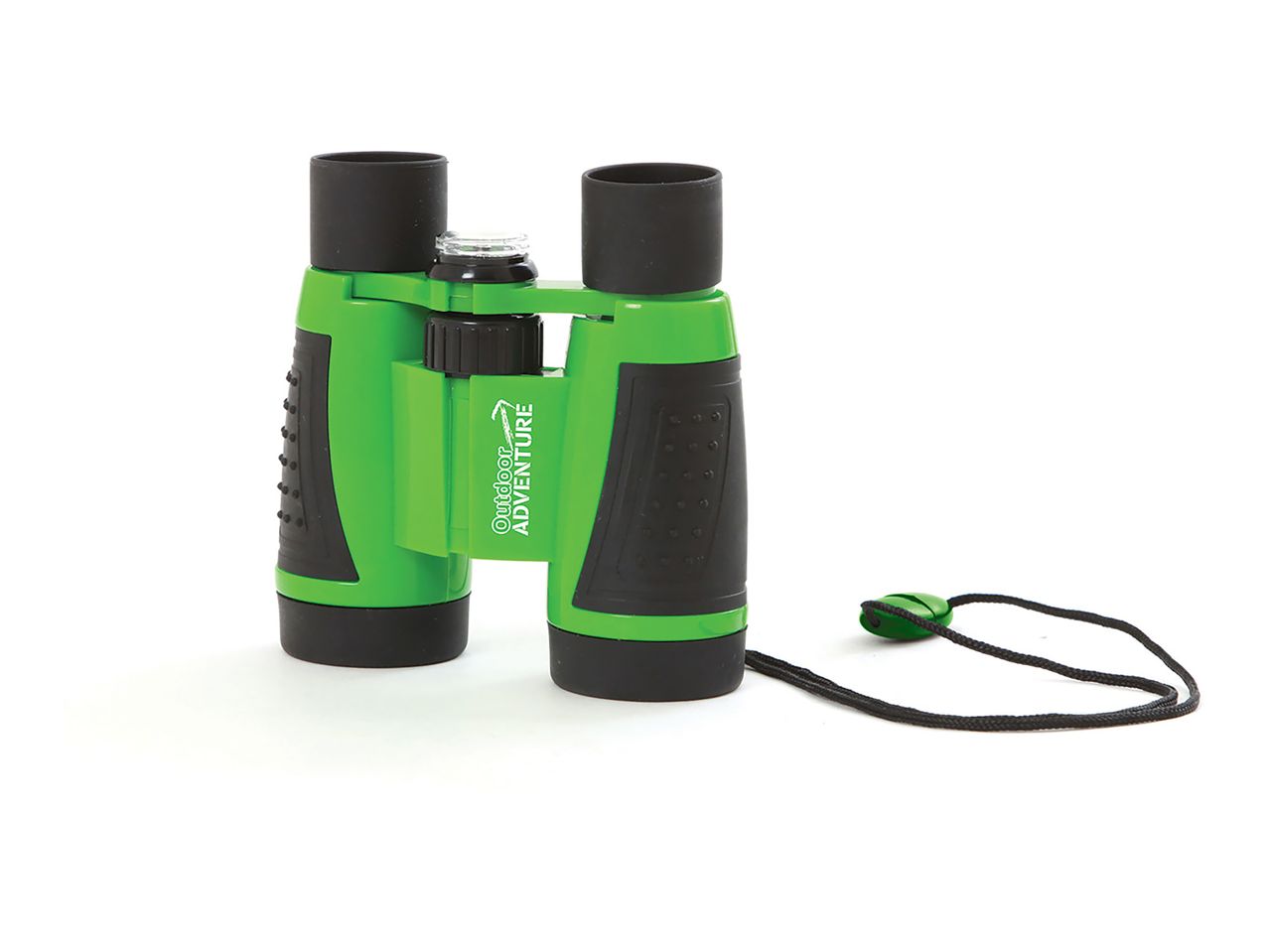 Green and black binoculars with a neck strap, featuring 'Outdoor ADVENTURE' text.