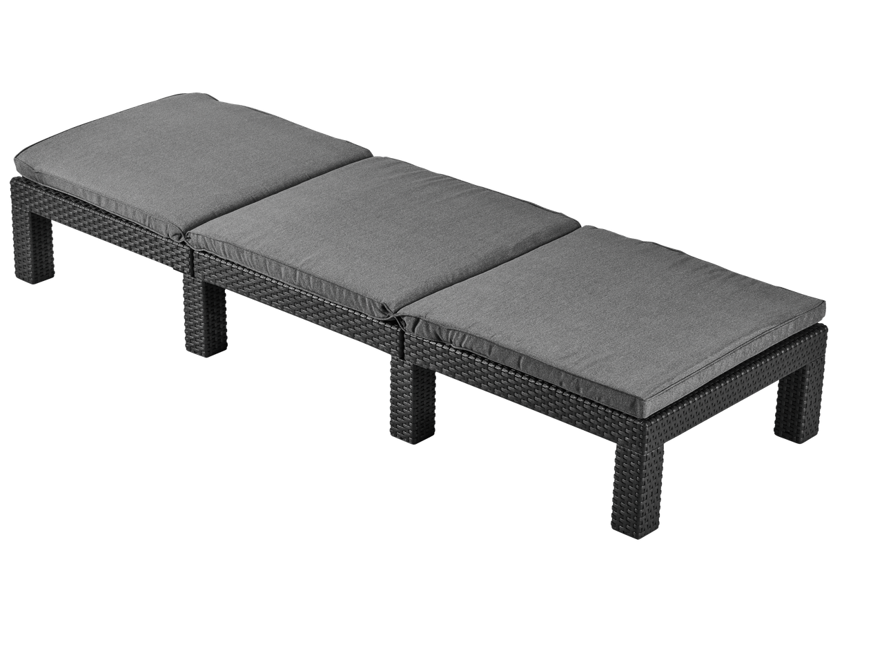 Livarno Wicker Sun Lounger with three grey cushions on a black background