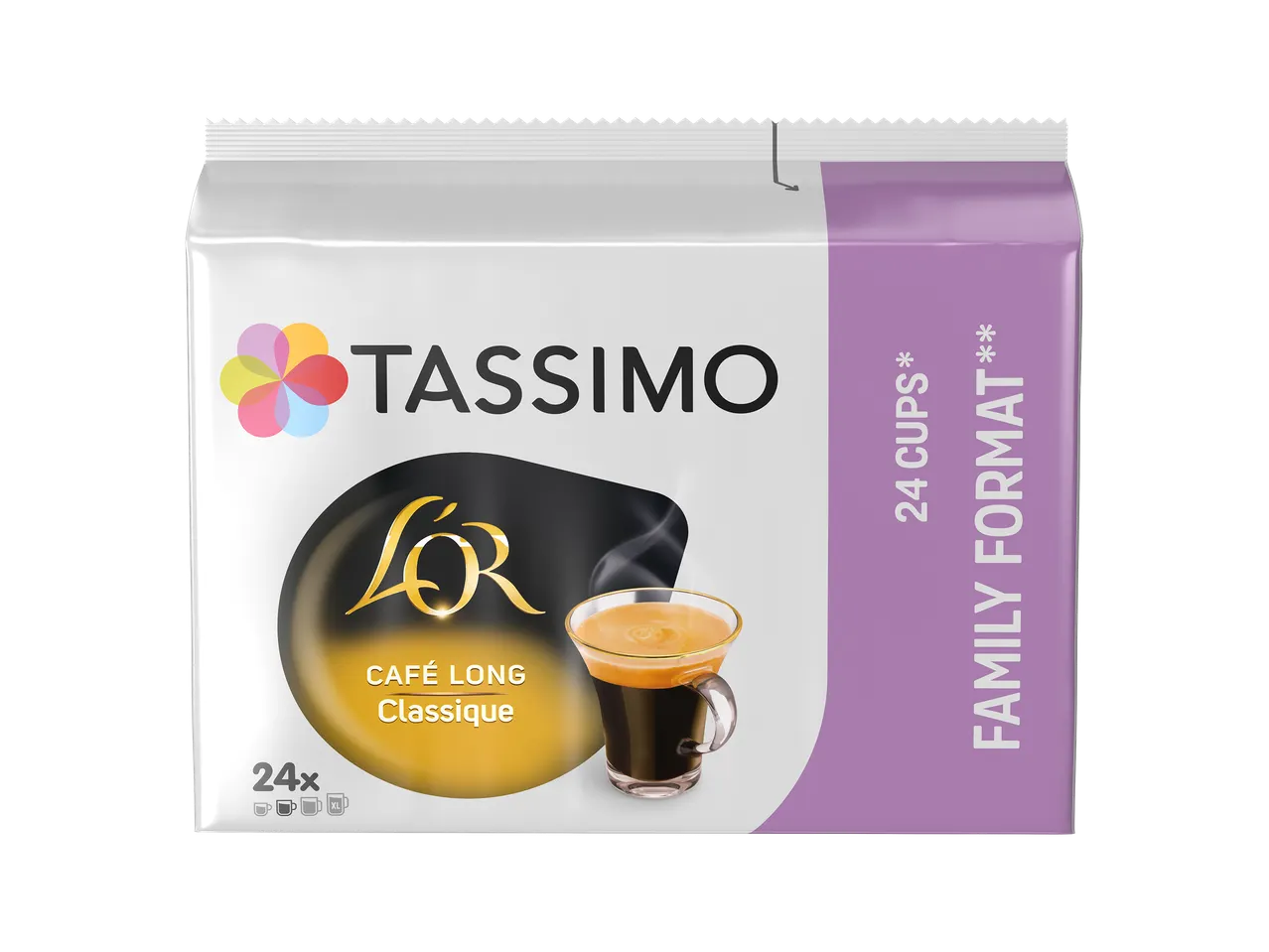 Paquet de dosettes de café long classique, 24 tasses, format familial.