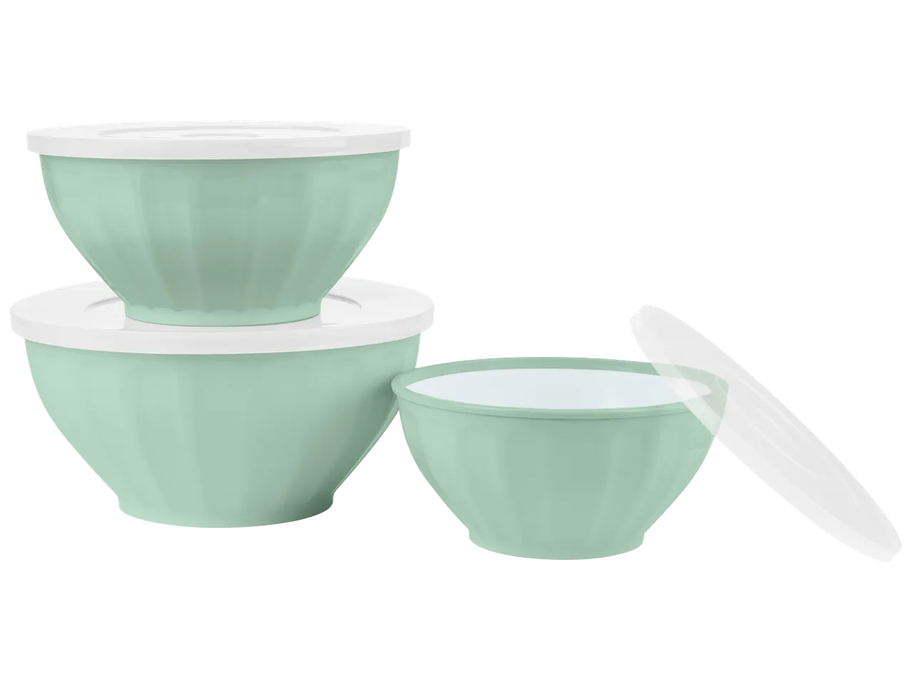 Ensemble de trois saladiers vert menthe avec couvercles blancs.