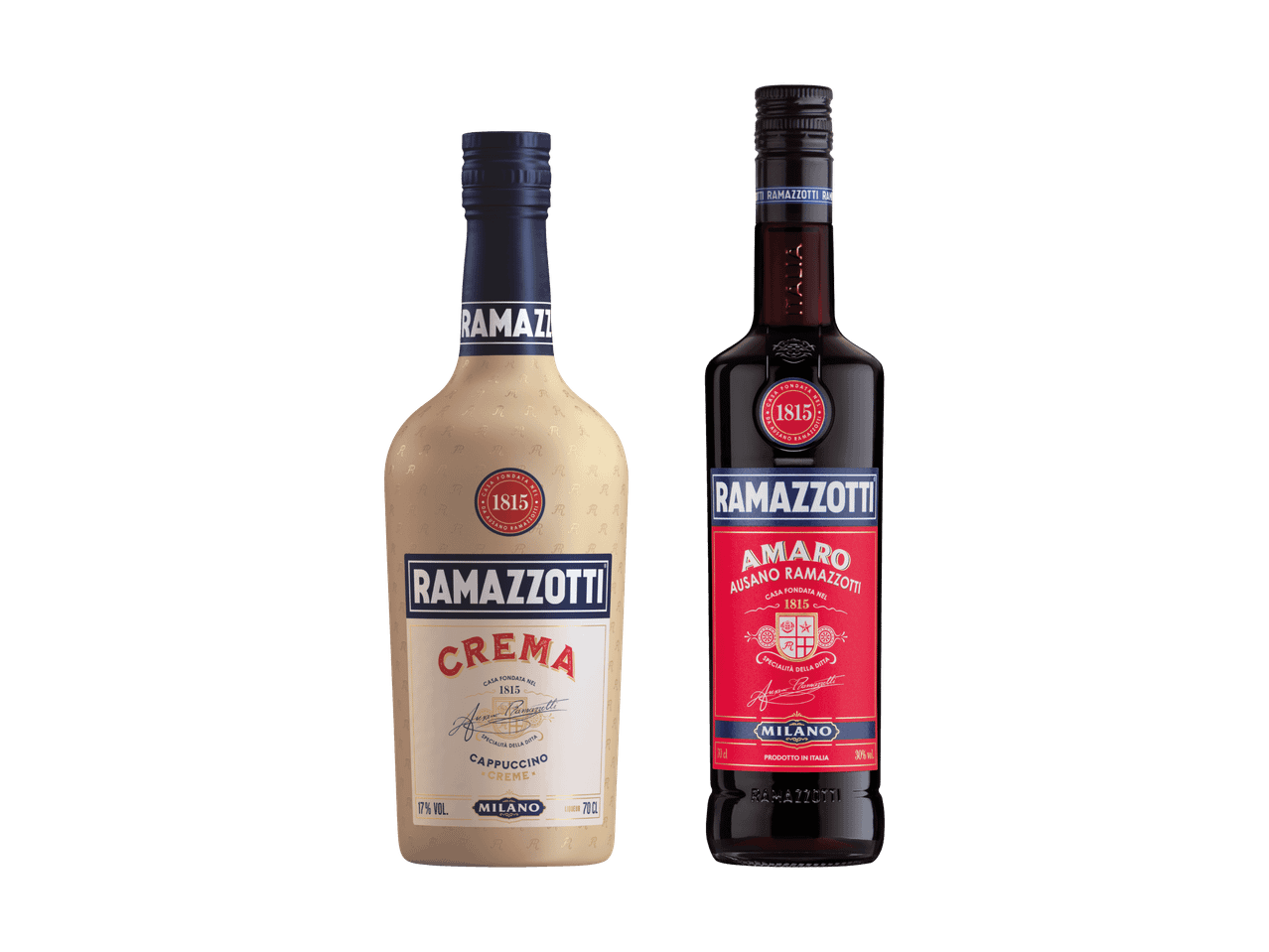 Zwei Flaschen Ramazzotti: Crema Cappuccino und Amaro Kräuterlikör.