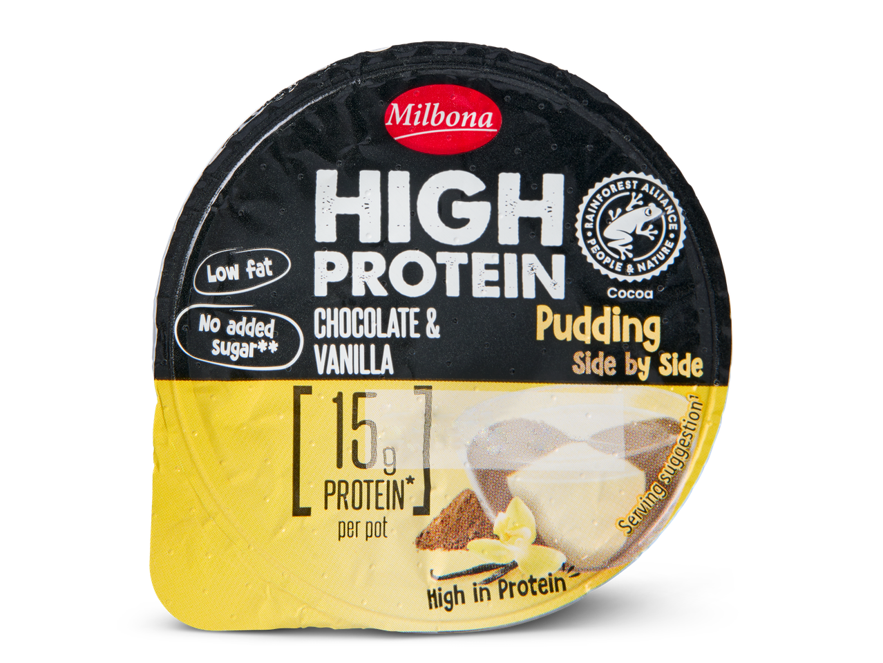Milbona hoog eiwitpudding, chocolade en vanille.