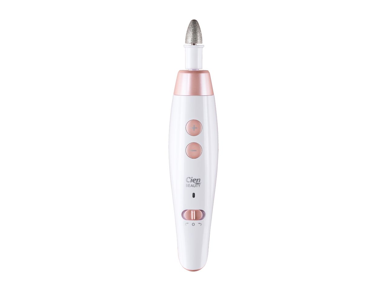 White and rose gold electric manicure and pedicure device with a grinding attachment.