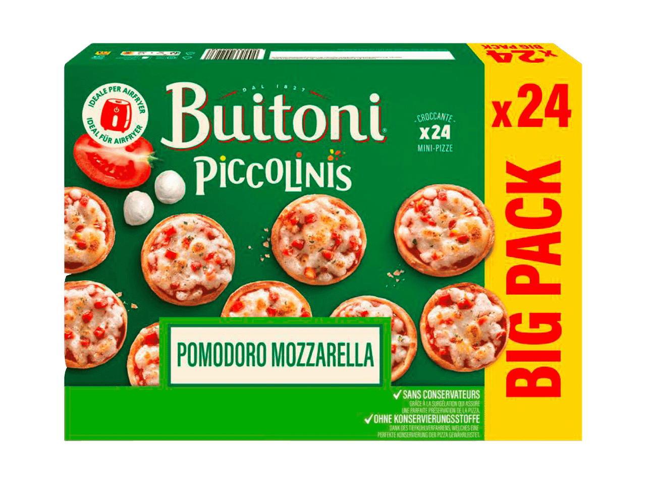 Boîte de 24 mini-pizzas tomate mozzarella, idéales pour la friteuse à air.