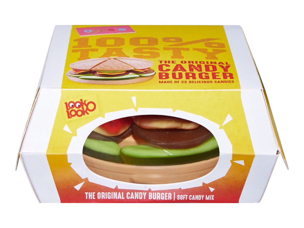 Candy burger box with a window showing soft candy mix inside.