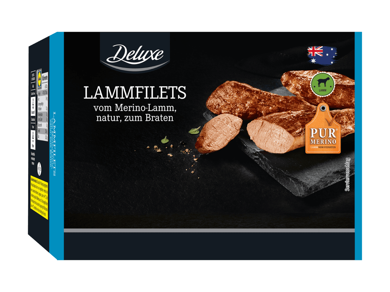 Deluxe Lammfilets vom Merino-Lamm, natur, zum Braten, mit australischer Flagge und 