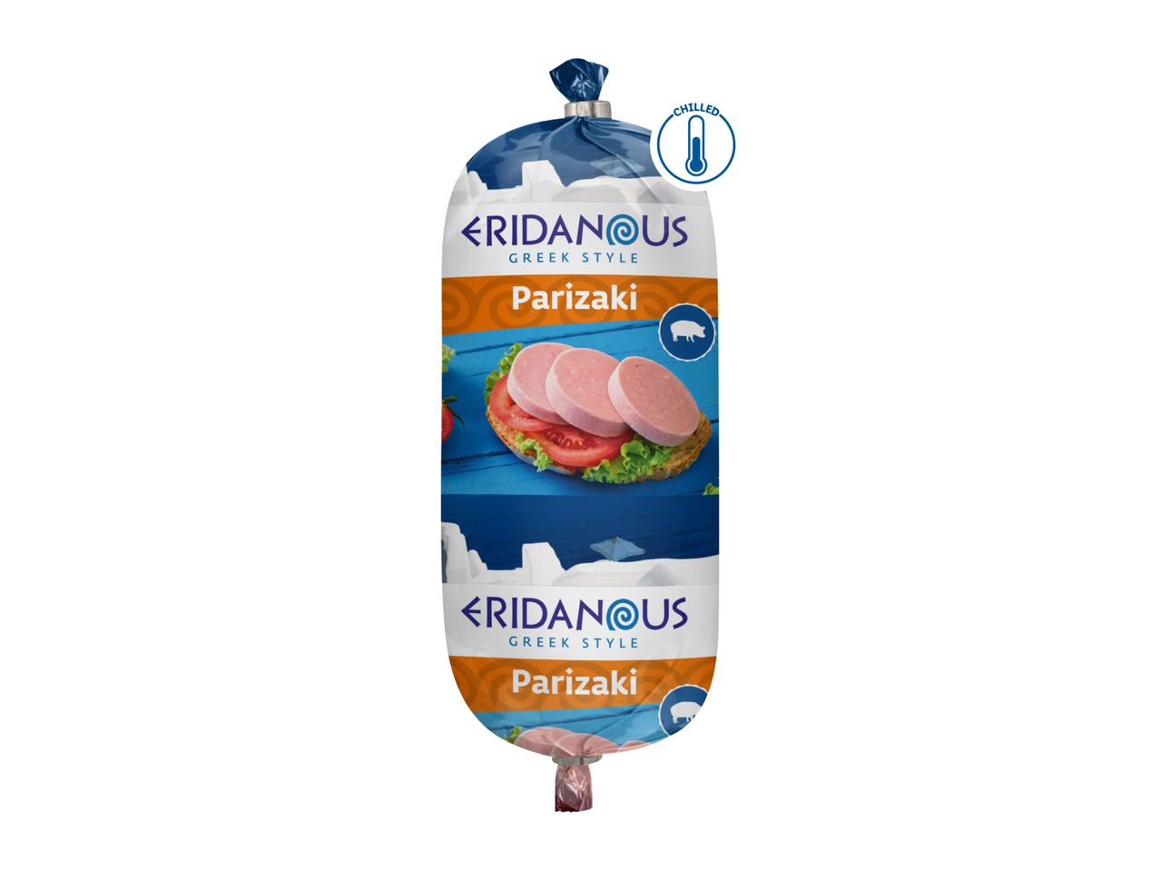 Eridanous Greek Style Parizaki sausage with a chilled icon and a pig icon.