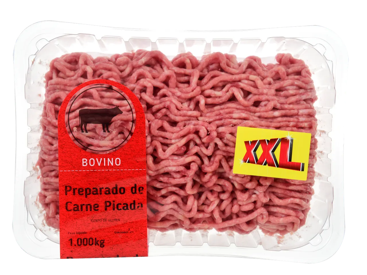 Embalagem de 1kg de carne picada de bovino preparada, com rótulo 'XXL' e 'BOVINO'
