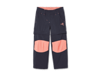 Dunkelblaue Kinder-Wanderhose mit abnehmbaren Beinen und orangefarbenen Knieschonern.