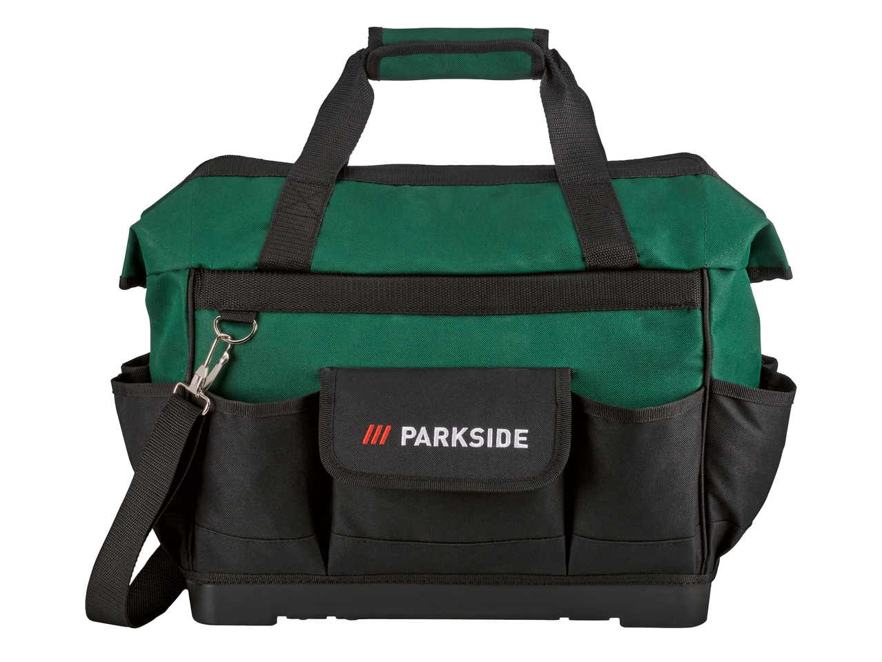 Зелена чанта за инструменти с черни джобове и презрамка, с надпис „PARKSIDE“.