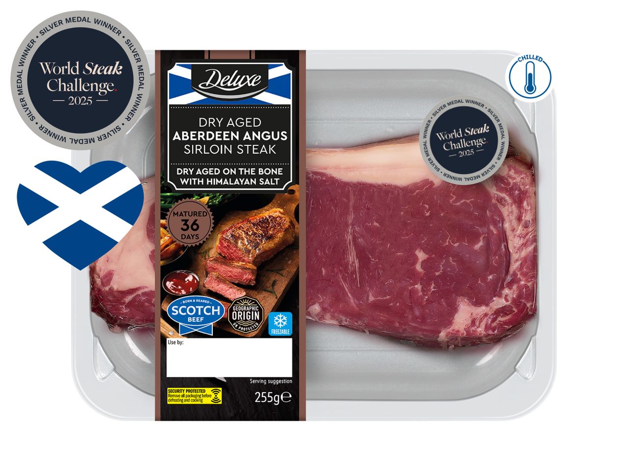 Dry-aged Aberdeen Angus sirloin steak with Himalayan salt, 36 days matured, 255g, chilled, with a 'World Steak Challenge 2025 Silver Medal Winner' seal.