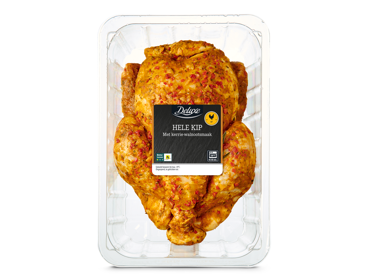 Deluxe hele kip met kerrie-walnootsmaak in een doorzichtige plastic verpakking.