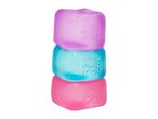 Stack of three colorful NeeDoh stress balls: purple, blue, and pink.