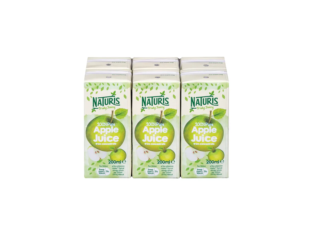 Six packs of Naturis 100% pure apple juice.
