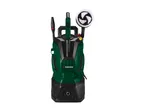 A green and black pressure washer with a rotating brush attachment and a spray gun.