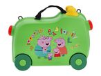 Green children's ride-on suitcase with cartoon pig family and text 'Together Play Family'.