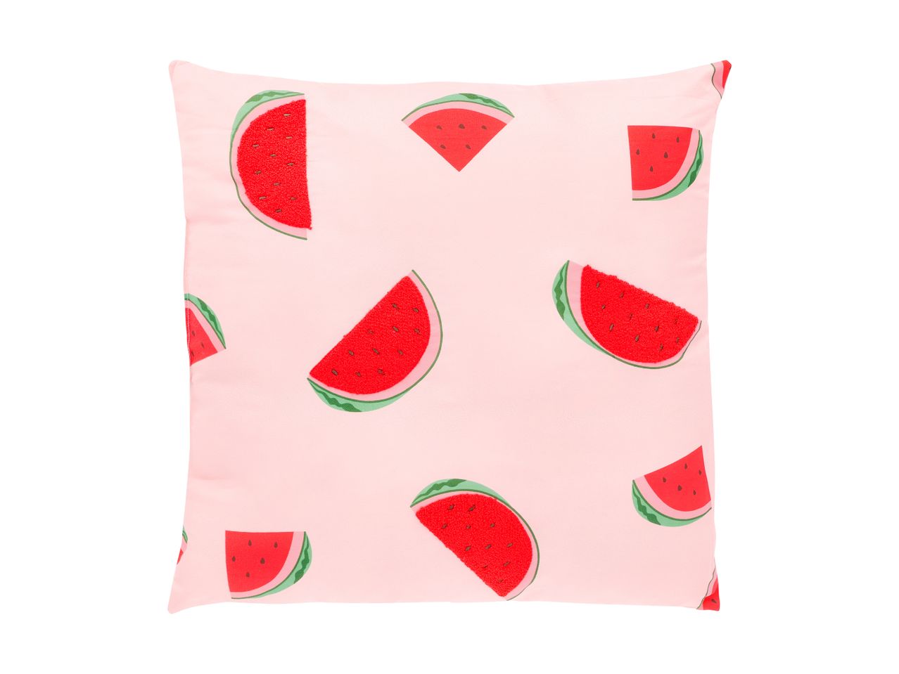 Pink cushion with a watermelon pattern, featuring both printed and embroidered slices.