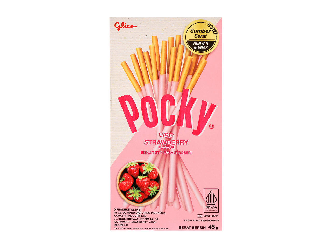Pocky Strawberry Flavour biscuit sticks, with a bowl of fresh strawberries.