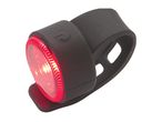 A red LED bike light with a black silicone strap.